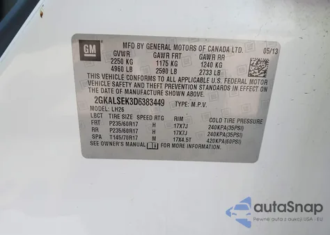 2013 GMC Terrain Sle-2 z USA, uszkodzony, nr VIN 2GKALSEK3D6383449